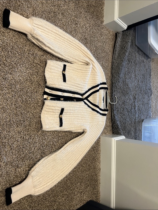 Express Sweaters - Express Cream Ribbed Cardigan with Black Trim